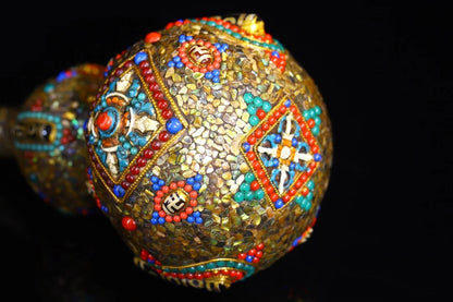 13"Tibetan Temple Collection Old  Natural Gourd Mosaic Gem Shell gZi Beads Town House Gourd Dharma Amulet Worship Hall Exorcism
