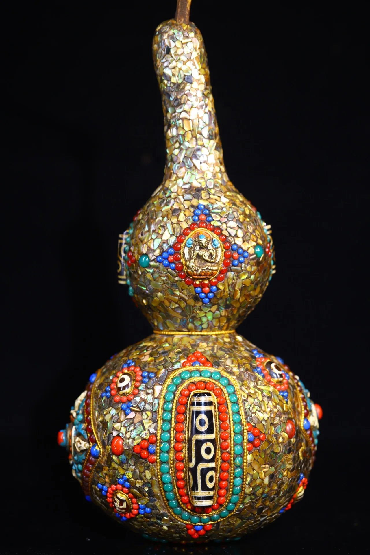 13"Tibetan Temple Collection Old  Natural Gourd Mosaic Gem Shell gZi Beads Town House Gourd Dharma Amulet Worship Hall Exorcism