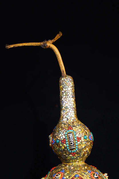 13"Tibetan Temple Collection Old  Natural Gourd Mosaic Gem Shell gZi Beads Town House Gourd Dharma Amulet Worship Hall Exorcism