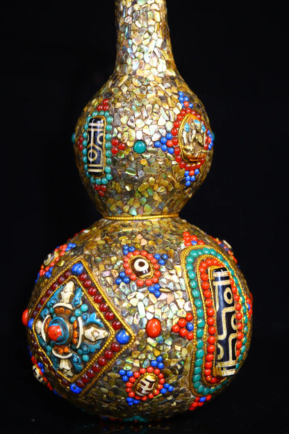 13"Tibetan Temple Collection Old  Natural Gourd Mosaic Gem Shell gZi Beads Town House Gourd Dharma Amulet Worship Hall Exorcism