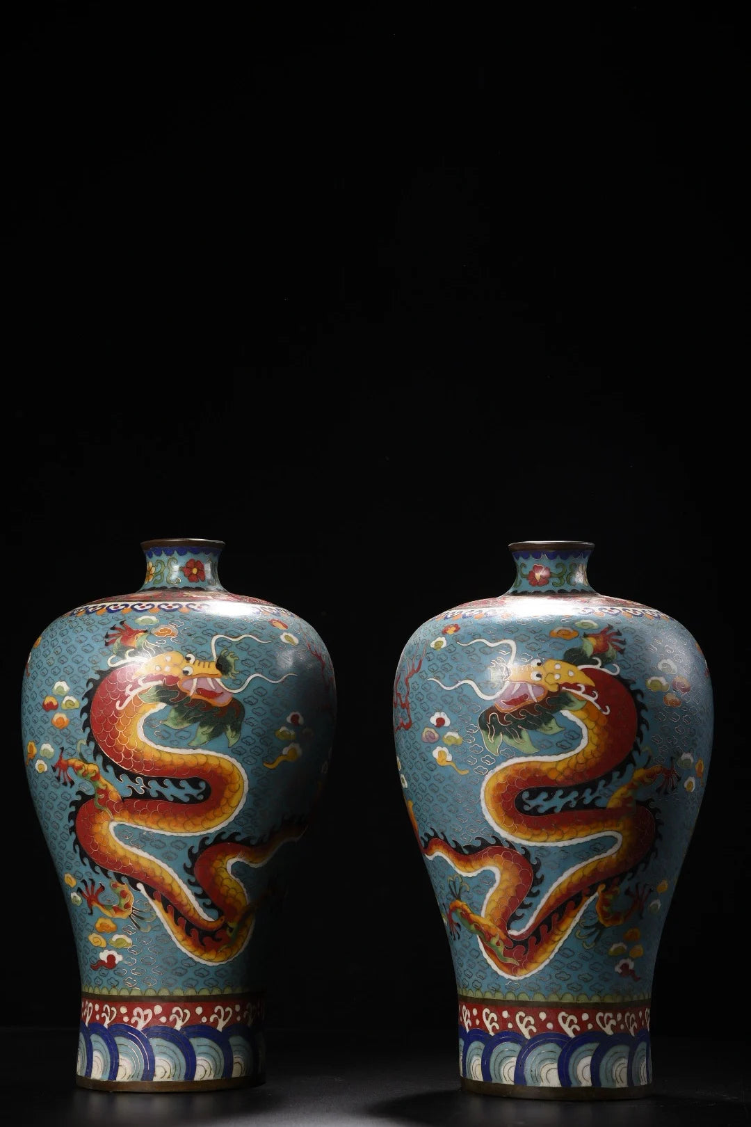 13"Tibetan Temple Collection Old Purple Bronze Cloisonne Chinese Loong Texture Bottle Prunus Vase A pair Town House Exorcism