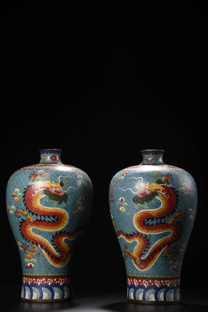 13"Tibetan Temple Collection Old Purple Bronze Cloisonne Chinese Loong Texture Bottle Prunus Vase A pair Town House Exorcism