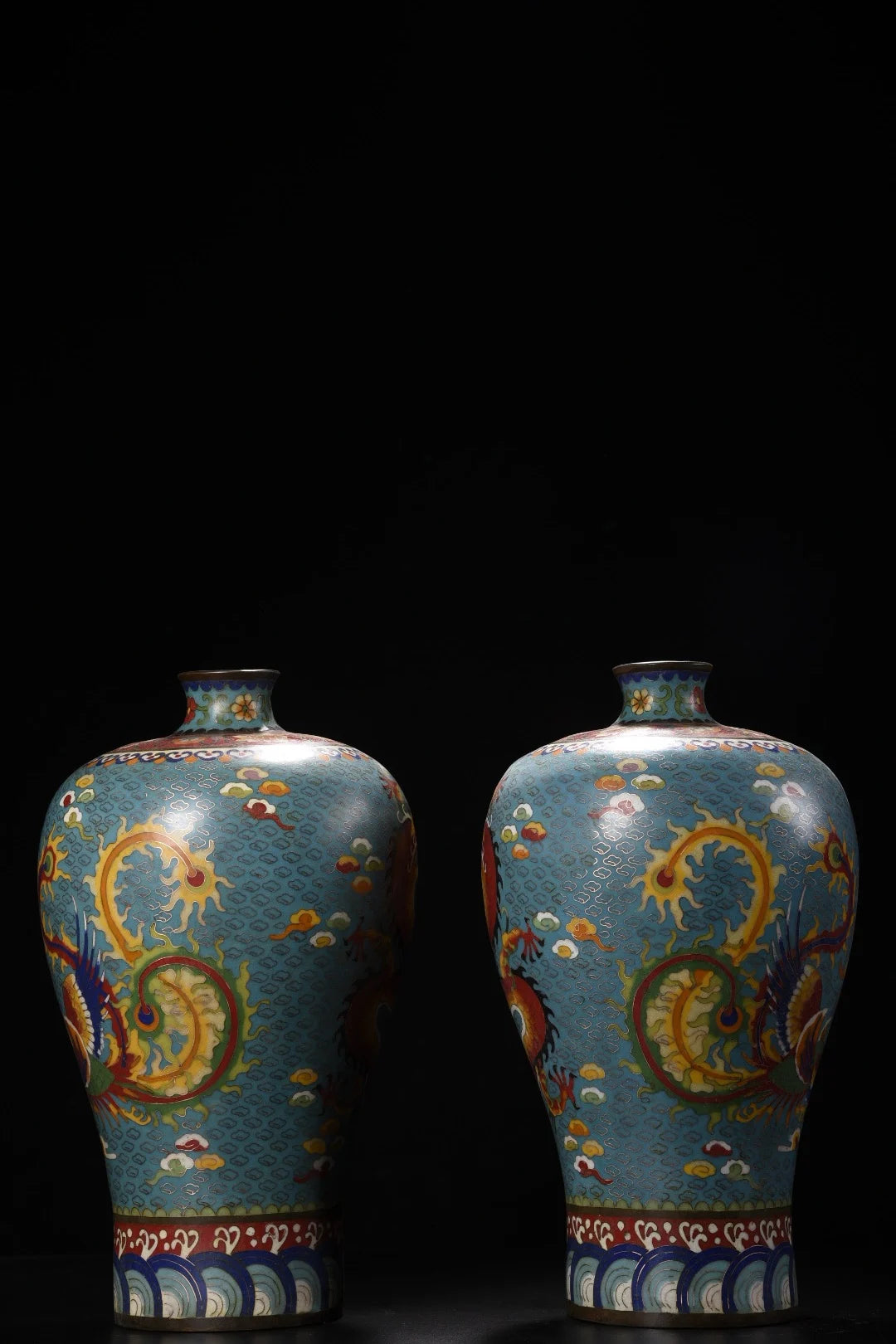 13"Tibetan Temple Collection Old Purple Bronze Cloisonne Chinese Loong Texture Bottle Prunus Vase A pair Town House Exorcism
