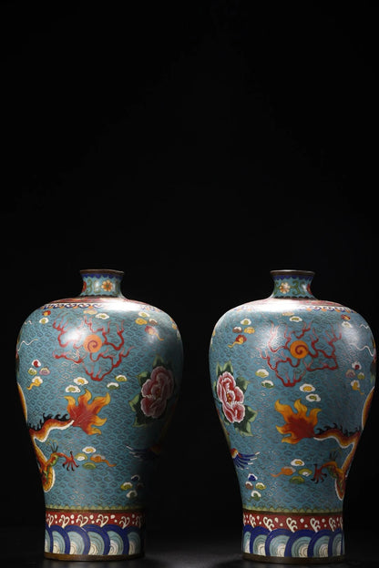 13"Tibetan Temple Collection Old Purple Bronze Cloisonne Chinese Loong Texture Bottle Prunus Vase A pair Town House Exorcism