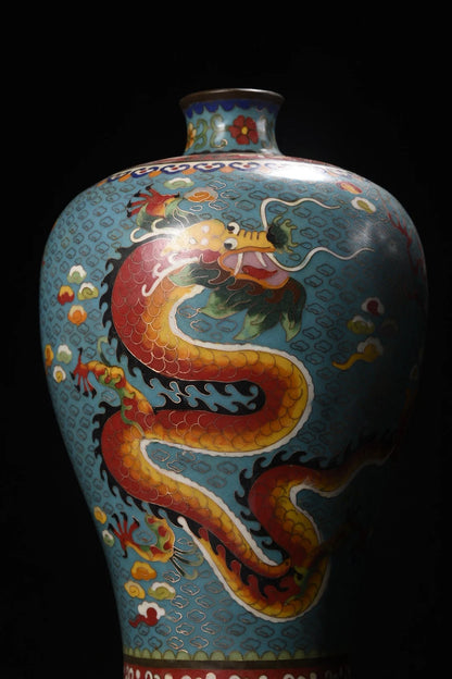 13"Tibetan Temple Collection Old Purple Bronze Cloisonne Chinese Loong Texture Bottle Prunus Vase A pair Town House Exorcism
