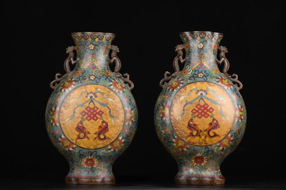13"Tibetan Temple Collection Old Purple Bronze Cloisonne Fish head snake Texture Dragon Ear Bottle Vase A pair Town house