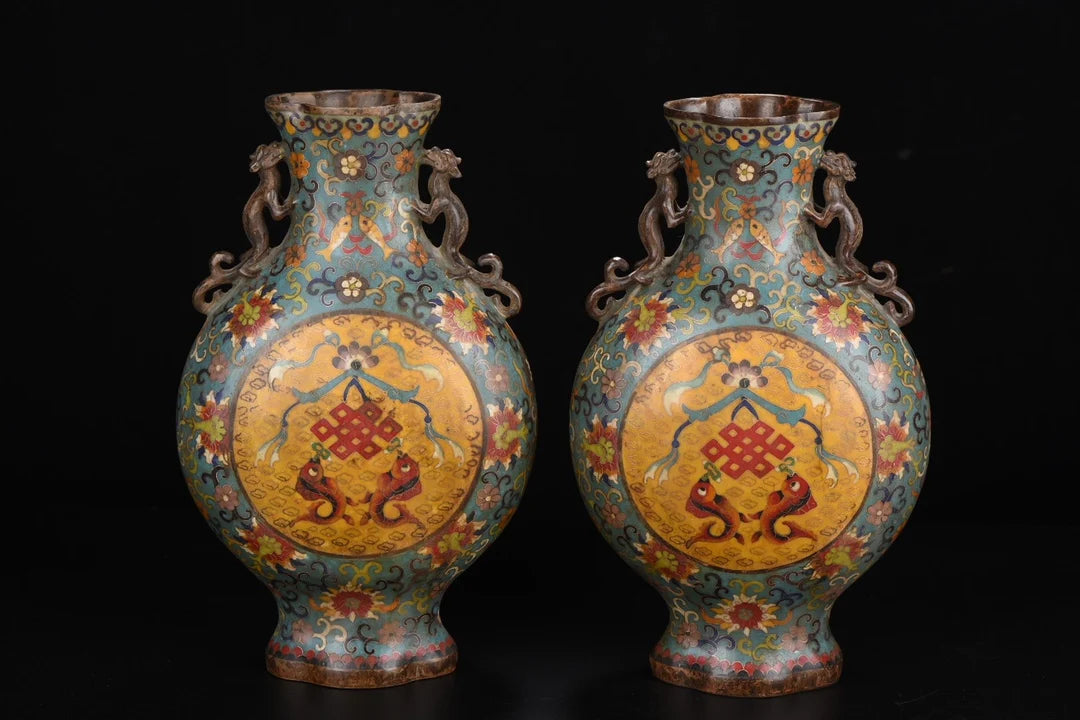 13"Tibetan Temple Collection Old Purple Bronze Cloisonne Fish head snake Texture Dragon Ear Bottle Vase A pair Town house