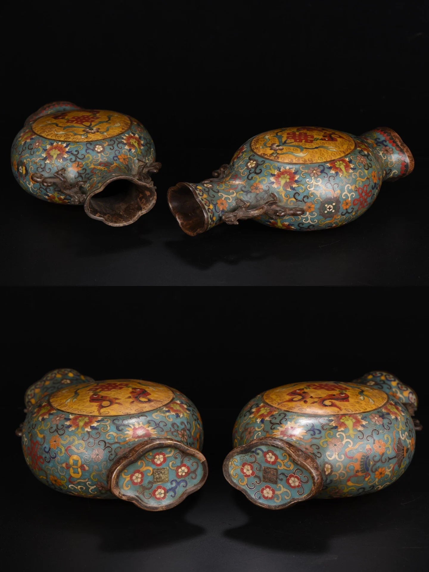 13"Tibetan Temple Collection Old Purple Bronze Cloisonne Fish head snake Texture Dragon Ear Bottle Vase A pair Town house