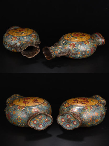 13"Tibetan Temple Collection Old Purple Bronze Cloisonne Fish head snake Texture Dragon Ear Bottle Vase A pair Town house