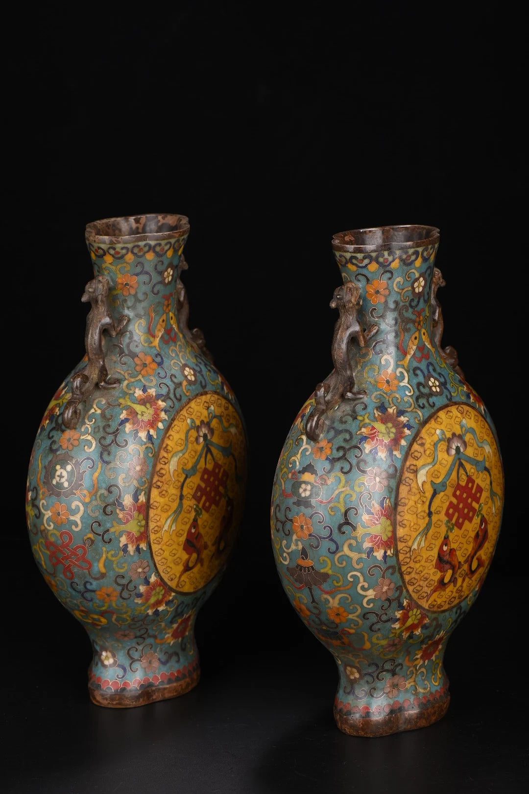 13"Tibetan Temple Collection Old Purple Bronze Cloisonne Fish head snake Texture Dragon Ear Bottle Vase A pair Town house