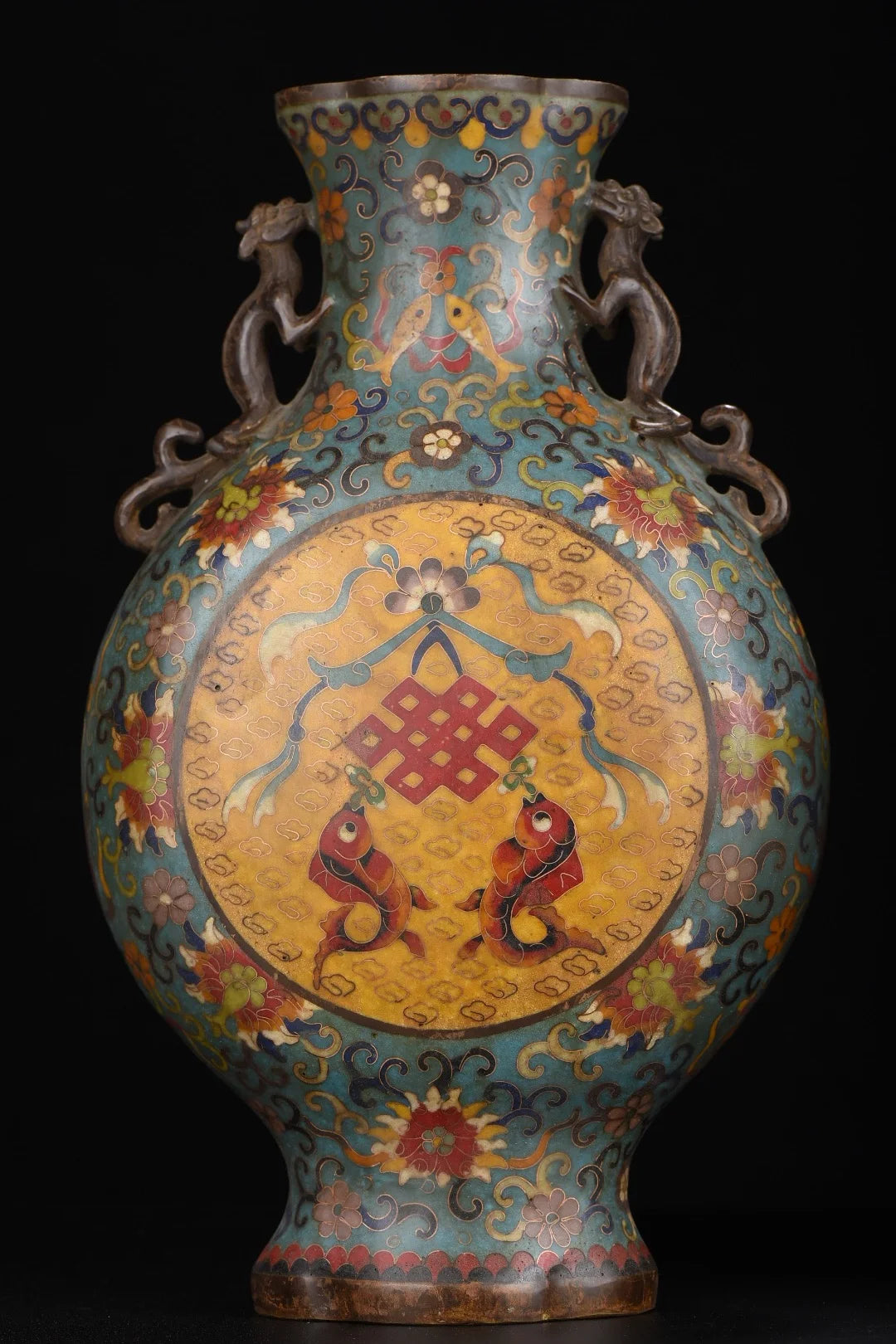 13"Tibetan Temple Collection Old Purple Bronze Cloisonne Fish head snake Texture Dragon Ear Bottle Vase A pair Town house