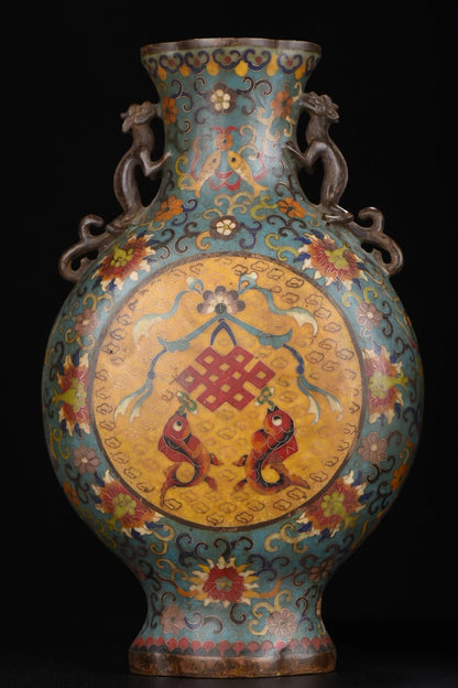 13"Tibetan Temple Collection Old Purple Bronze Cloisonne Fish head snake Texture Dragon Ear Bottle Vase A pair Town house