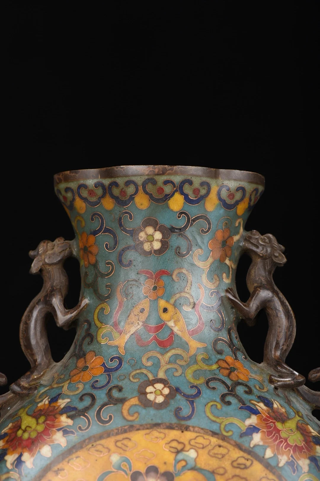 13"Tibetan Temple Collection Old Purple Bronze Cloisonne Fish head snake Texture Dragon Ear Bottle Vase A pair Town house