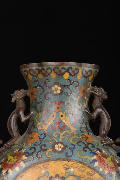 13"Tibetan Temple Collection Old Purple Bronze Cloisonne Fish head snake Texture Dragon Ear Bottle Vase A pair Town house