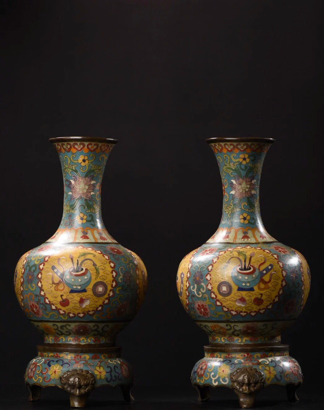 13"Tibetan Temple Collection Old Purple Bronze Cloisonne Floral texture Appreciation Bottle Vase A pair Town House Exorcism