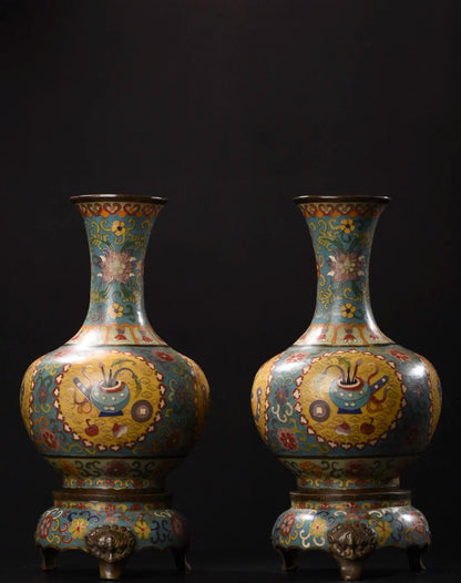 13"Tibetan Temple Collection Old Purple Bronze Cloisonne Floral texture Appreciation Bottle Vase A pair Town House Exorcism
