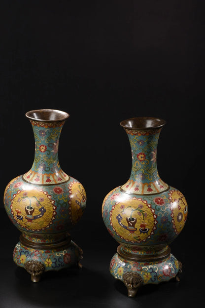 13"Tibetan Temple Collection Old Purple Bronze Cloisonne Floral texture Appreciation Bottle Vase A pair Town House Exorcism