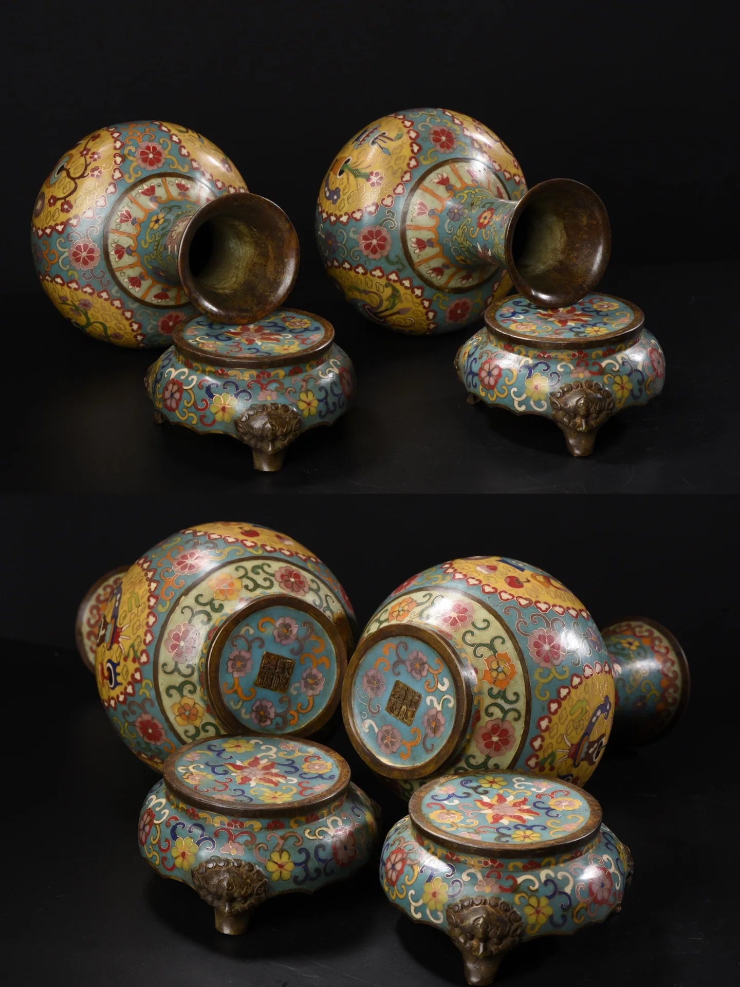 13"Tibetan Temple Collection Old Purple Bronze Cloisonne Floral texture Appreciation Bottle Vase A pair Town House Exorcism