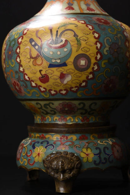 13"Tibetan Temple Collection Old Purple Bronze Cloisonne Floral texture Appreciation Bottle Vase A pair Town House Exorcism