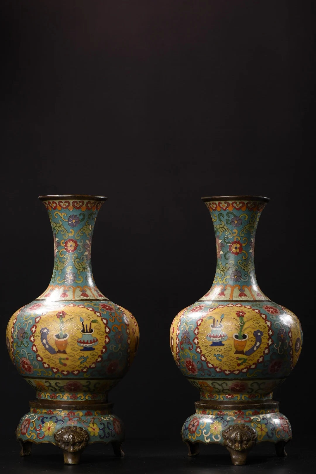 13"Tibetan Temple Collection Old Purple Bronze Cloisonne Floral texture Appreciation Bottle Vase A pair Town House Exorcism