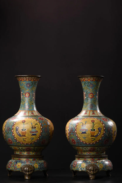 13"Tibetan Temple Collection Old Purple Bronze Cloisonne Floral texture Appreciation Bottle Vase A pair Town House Exorcism