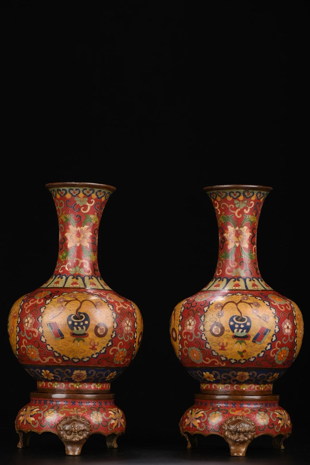 13"Tibetan Temple Collection Old Purple Bronze Cloisonne Floral texture Appreciation Bottle Vase A pair Worship Hall  Town House
