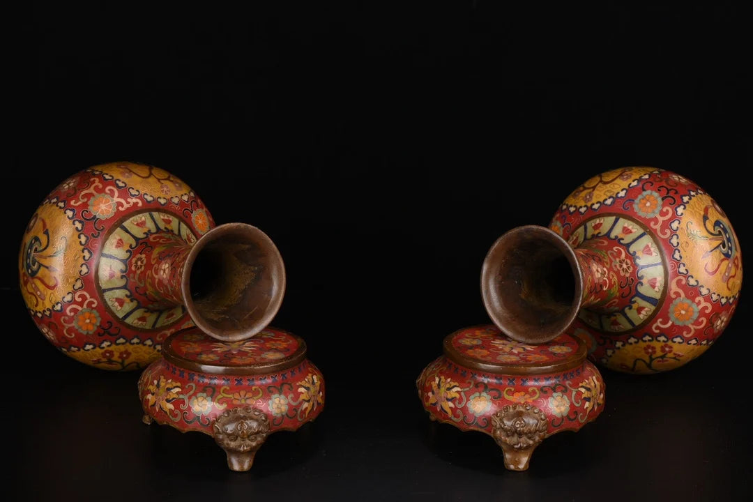 13"Tibetan Temple Collection Old Purple Bronze Cloisonne Floral texture Appreciation Bottle Vase A pair Worship Hall  Town House