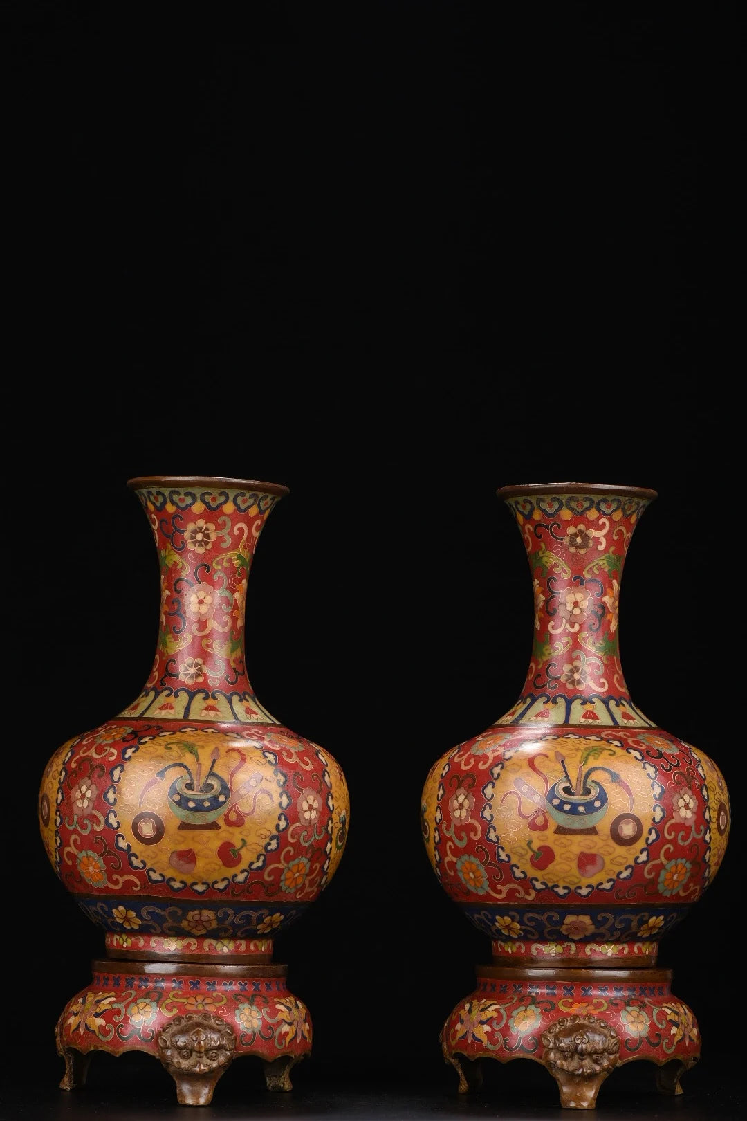 13"Tibetan Temple Collection Old Purple Bronze Cloisonne Floral texture Appreciation Bottle Vase A pair Worship Hall  Town House