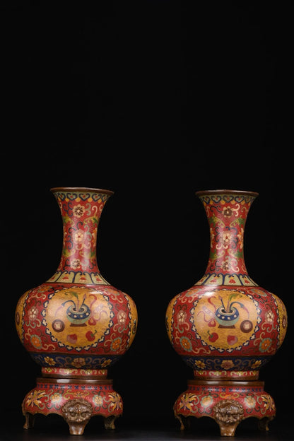 13"Tibetan Temple Collection Old Purple Bronze Cloisonne Floral texture Appreciation Bottle Vase A pair Worship Hall  Town House