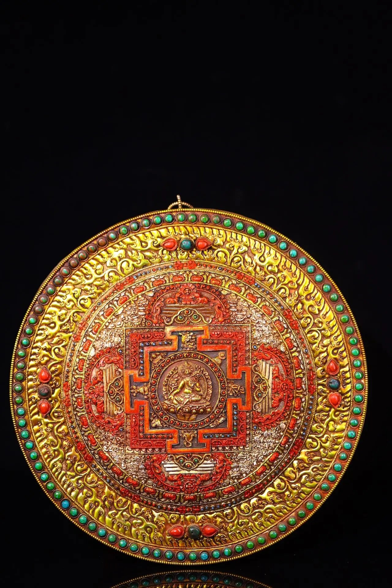 13"Tibetan Temple Collection Old Tibetan Silver Gilded Filigree Mosaic Gem Cinnabar Green Tara Buddha Thangka Worship Hall