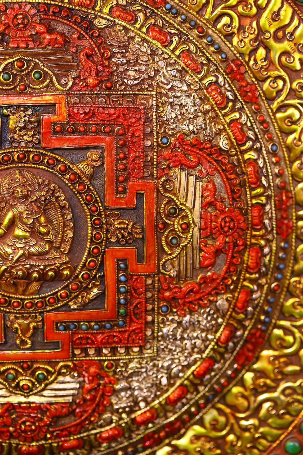 13"Tibetan Temple Collection Old Tibetan Silver Gilded Filigree Mosaic Gem Cinnabar Green Tara Buddha Thangka Worship Hall