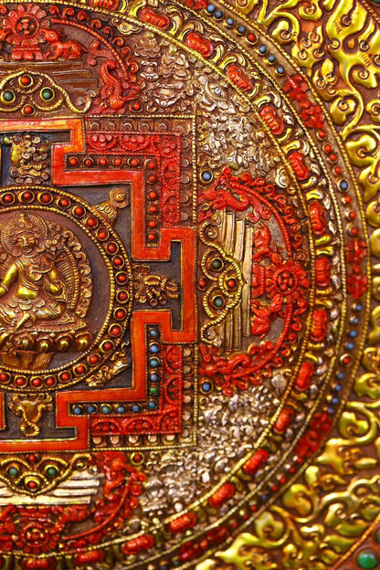 13"Tibetan Temple Collection Old Tibetan Silver Gilded Filigree Mosaic Gem Cinnabar Green Tara Buddha Thangka Worship Hall