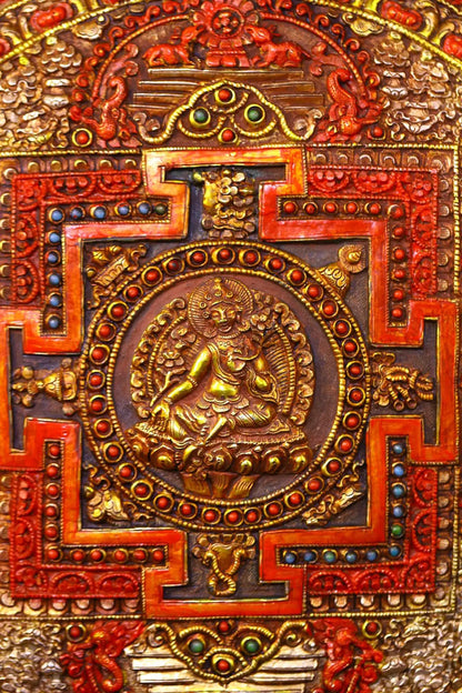 13"Tibetan Temple Collection Old Tibetan Silver Gilded Filigree Mosaic Gem Cinnabar Green Tara Buddha Thangka Worship Hall