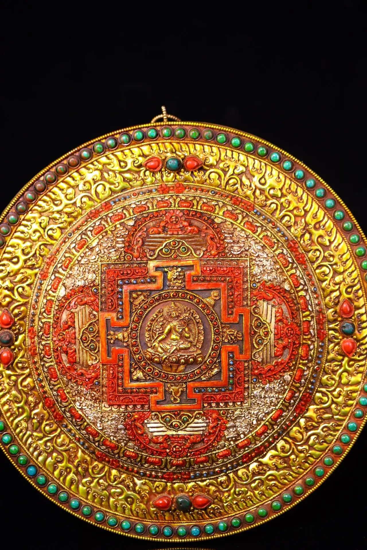 13"Tibetan Temple Collection Old Tibetan Silver Gilded Filigree Mosaic Gem Cinnabar Green Tara Buddha Thangka Worship Hall