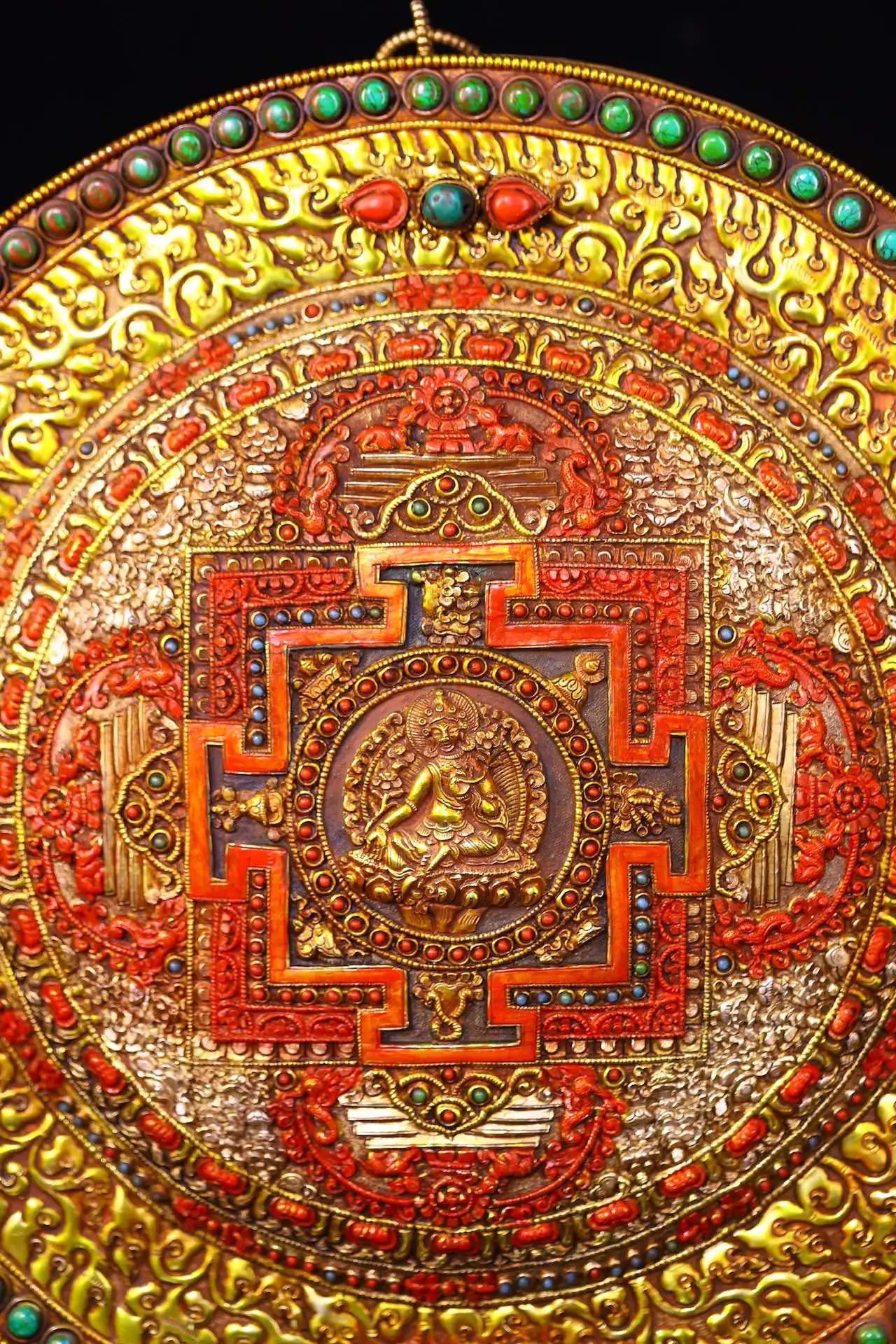 13"Tibetan Temple Collection Old Tibetan Silver Gilded Filigree Mosaic Gem Cinnabar Green Tara Buddha Thangka Worship Hall