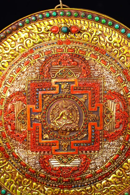 13"Tibetan Temple Collection Old Tibetan Silver Gilded Filigree Mosaic Gem Cinnabar Green Tara Buddha Thangka Worship Hall