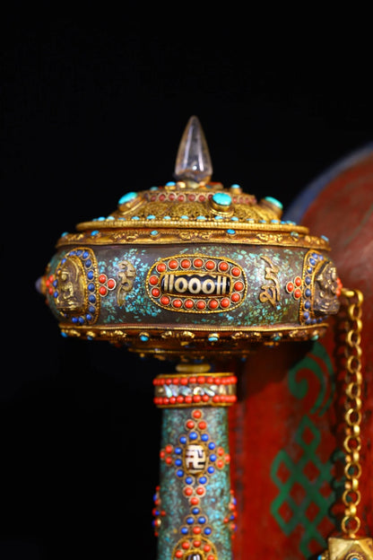 13"Tibetan Temple Collection Old Tibetan silver Crystal Tiantie Gem gZi Beads Warp wheel Brahmin wheel Dharma Worship Hall