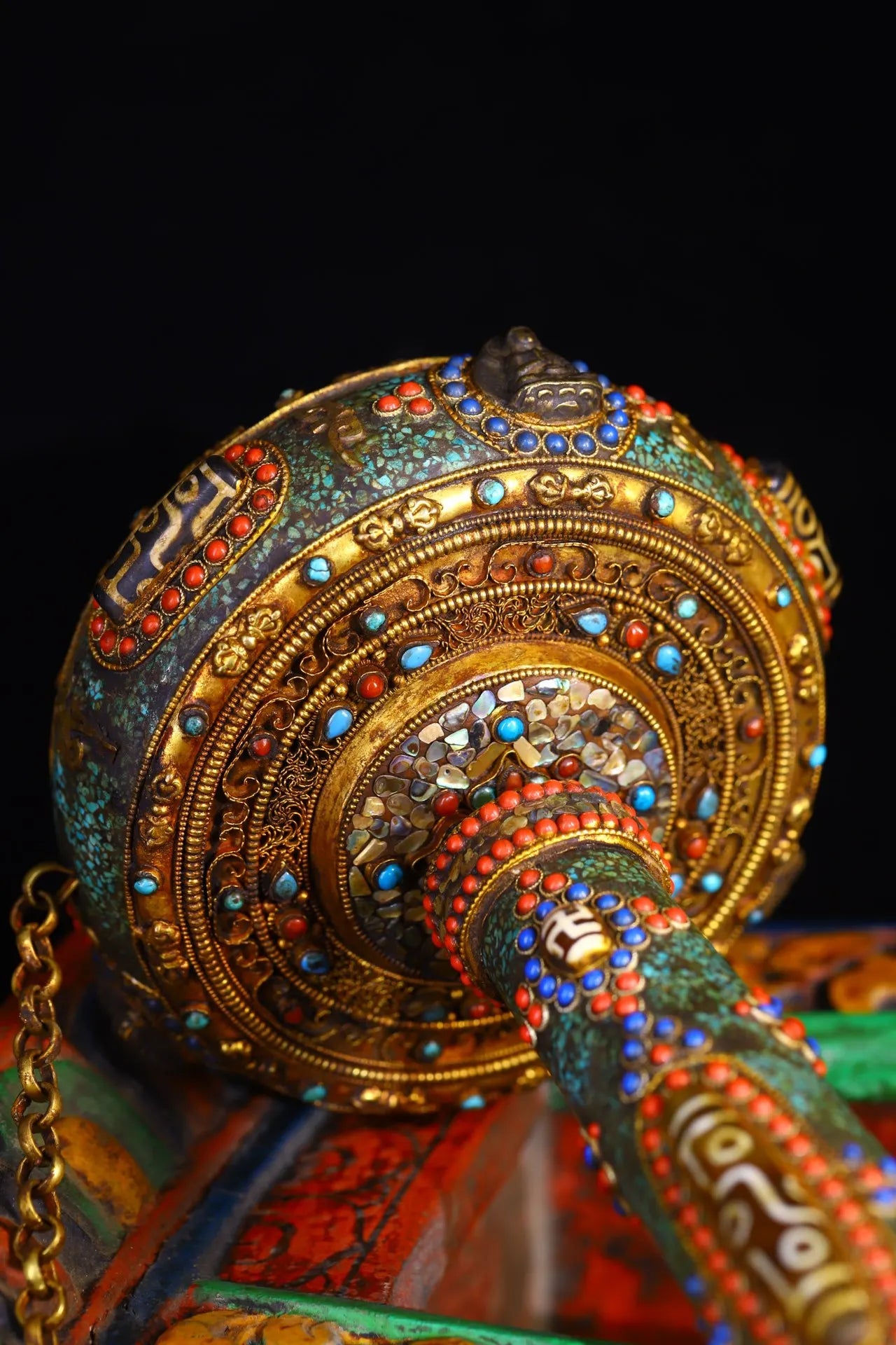 13"Tibetan Temple Collection Old Tibetan silver Crystal Tiantie Gem gZi Beads Warp wheel Brahmin wheel Dharma Worship Hall