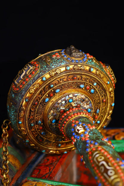 13"Tibetan Temple Collection Old Tibetan silver Crystal Tiantie Gem gZi Beads Warp wheel Brahmin wheel Dharma Worship Hall