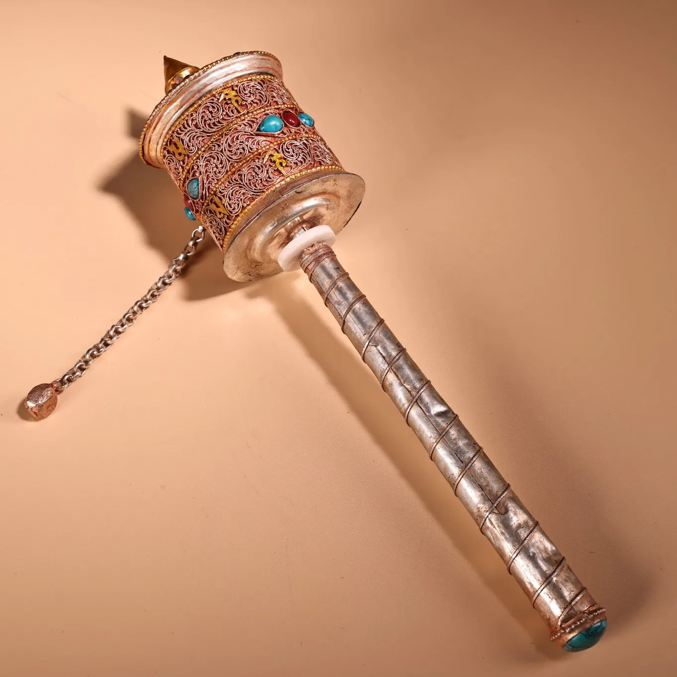13"Tibetan Temple Collection Old Tibetan silver Gilded Filigree Mosaic Gem Cinnabar Prayer Wheel Old Scriptures Worship Hall