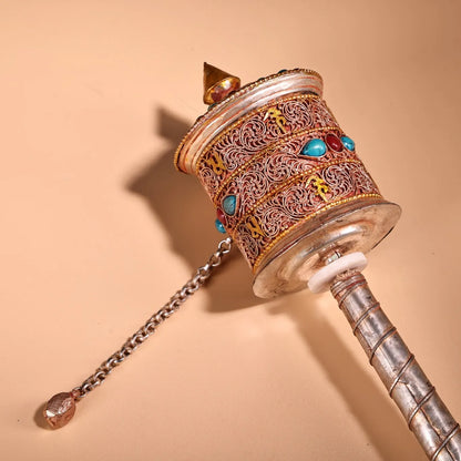 13"Tibetan Temple Collection Old Tibetan silver Gilded Filigree Mosaic Gem Cinnabar Prayer Wheel Old Scriptures Worship Hall