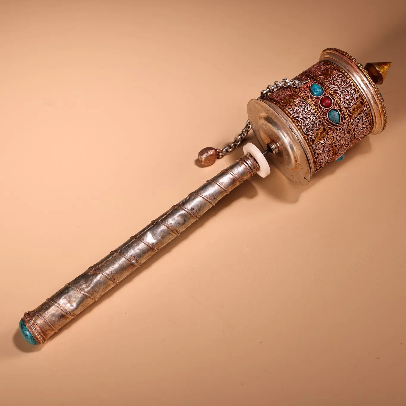 13"Tibetan Temple Collection Old Tibetan silver Gilded Filigree Mosaic Gem Cinnabar Prayer Wheel Old Scriptures Worship Hall