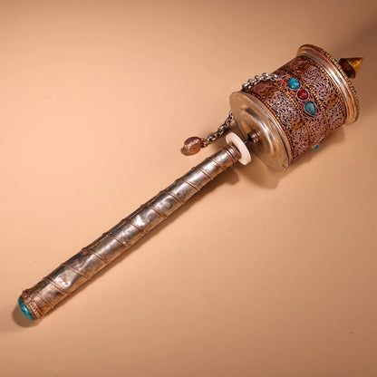 13"Tibetan Temple Collection Old Tibetan silver Gilded Filigree Mosaic Gem Cinnabar Prayer Wheel Old Scriptures Worship Hall
