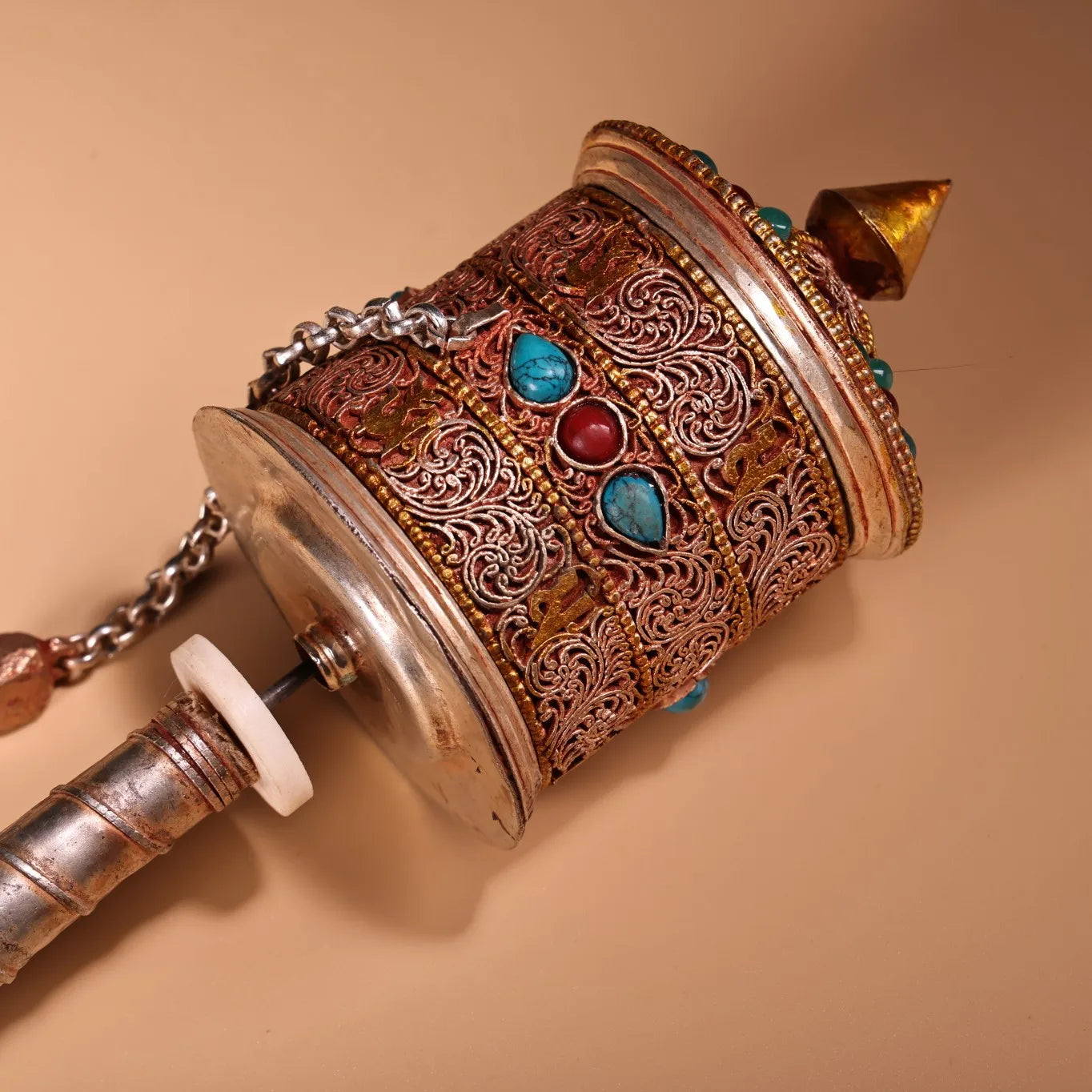 13"Tibetan Temple Collection Old Tibetan silver Gilded Filigree Mosaic Gem Cinnabar Prayer Wheel Old Scriptures Worship Hall