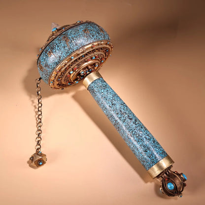 13"Tibetan Temple Collection Old Tibetan silver Gilded Filigree Mosaic Gem Shell Crystal Prayer Wheel Old scriptures Amulet