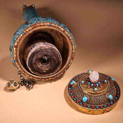 13"Tibetan Temple Collection Old Tibetan silver Gilded Filigree Mosaic Gem Shell Crystal Prayer Wheel Old scriptures Amulet