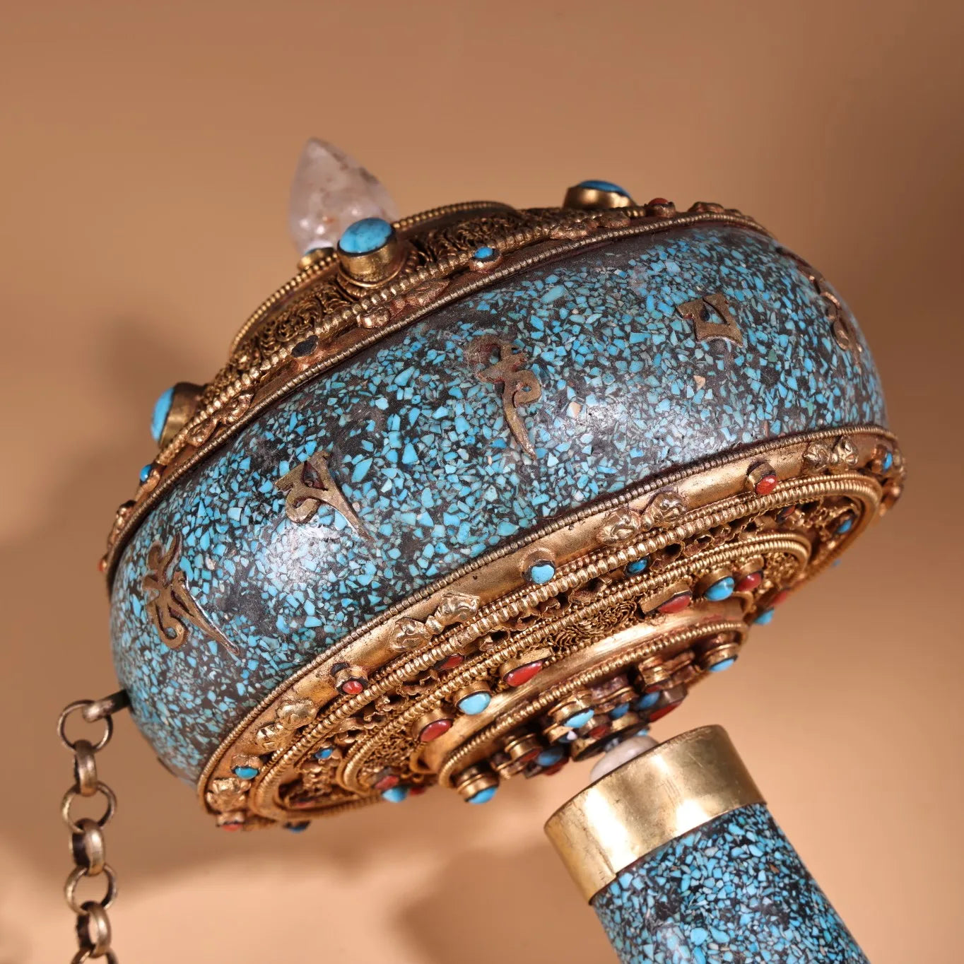 13"Tibetan Temple Collection Old Tibetan silver Gilded Filigree Mosaic Gem Shell Crystal Prayer Wheel Old scriptures Amulet