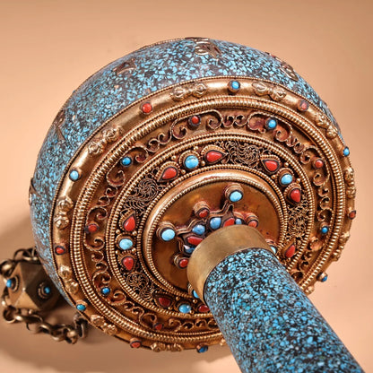 13"Tibetan Temple Collection Old Tibetan silver Gilded Filigree Mosaic Gem Shell Crystal Prayer Wheel Old scriptures Amulet