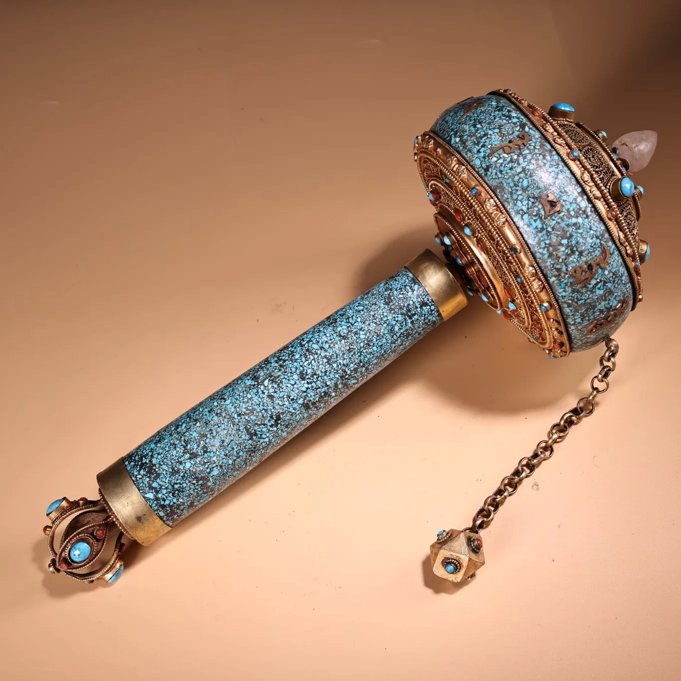 13"Tibetan Temple Collection Old Tibetan silver Gilded Filigree Mosaic Gem Shell Crystal Prayer Wheel Old scriptures Amulet