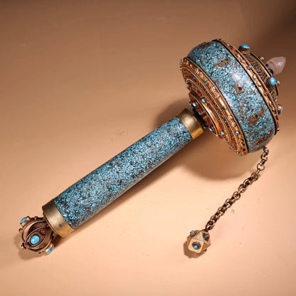 13"Tibetan Temple Collection Old Tibetan silver Gilded Filigree Mosaic Gem Shell Crystal Prayer Wheel Old scriptures Amulet